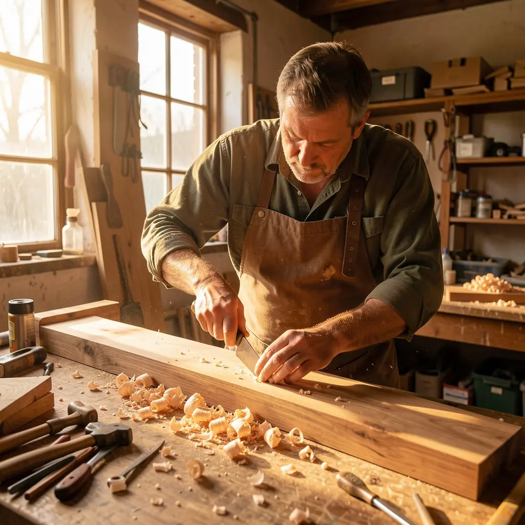 Puuseppä työstämässä mittatilauskalustetta verstaalla