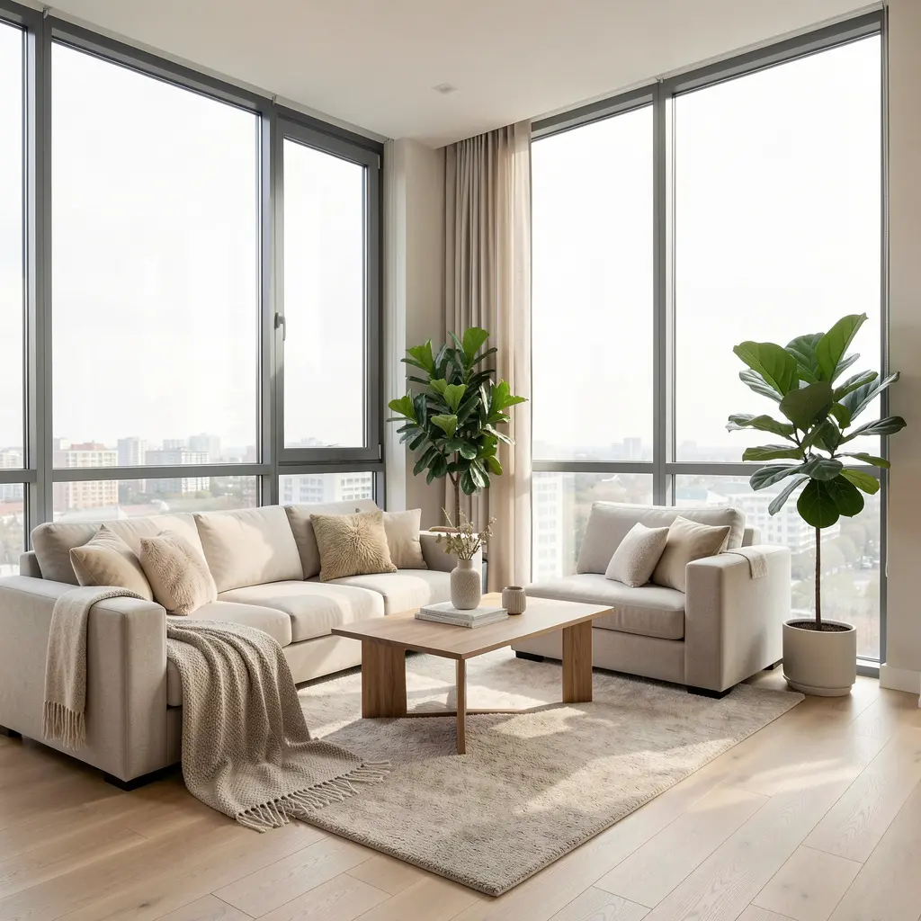 Tyylikäs mittatilausolohuone modernilla sisustuksella